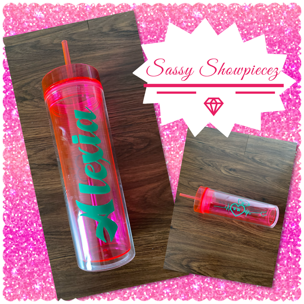 Pink Acrylic Tumbler with Straw - Graphic Designs on Front and Back Sides